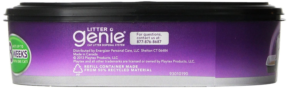 Litter Genie Refill 3 Pack cartridge image indicating cartridge lasts up to two months per cat