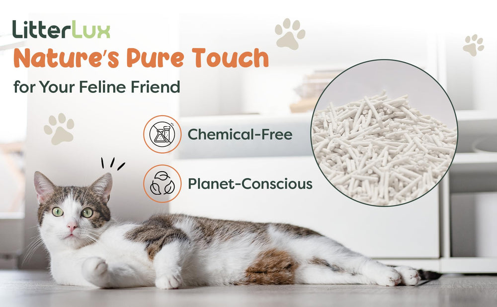 LitterLux Tofu Litter cat-and-litterbox scene illustrates practical home use.