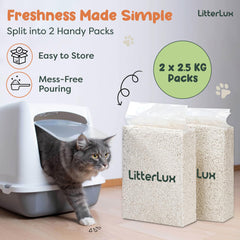 LitterLux Tofu Litter dust-free formula reduces indoor dust during litter changes.