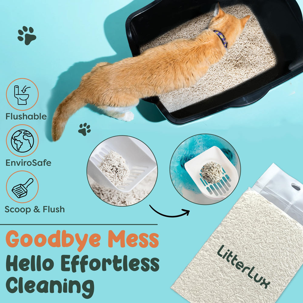 LitterLux Tofu Litter flushable option demonstrates safe disposal when directed.