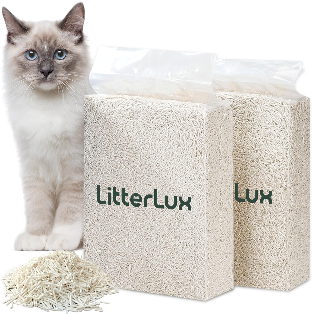 LitterLux Tofu Litter packaging bags showcase eco-friendly twin-pack packaging.