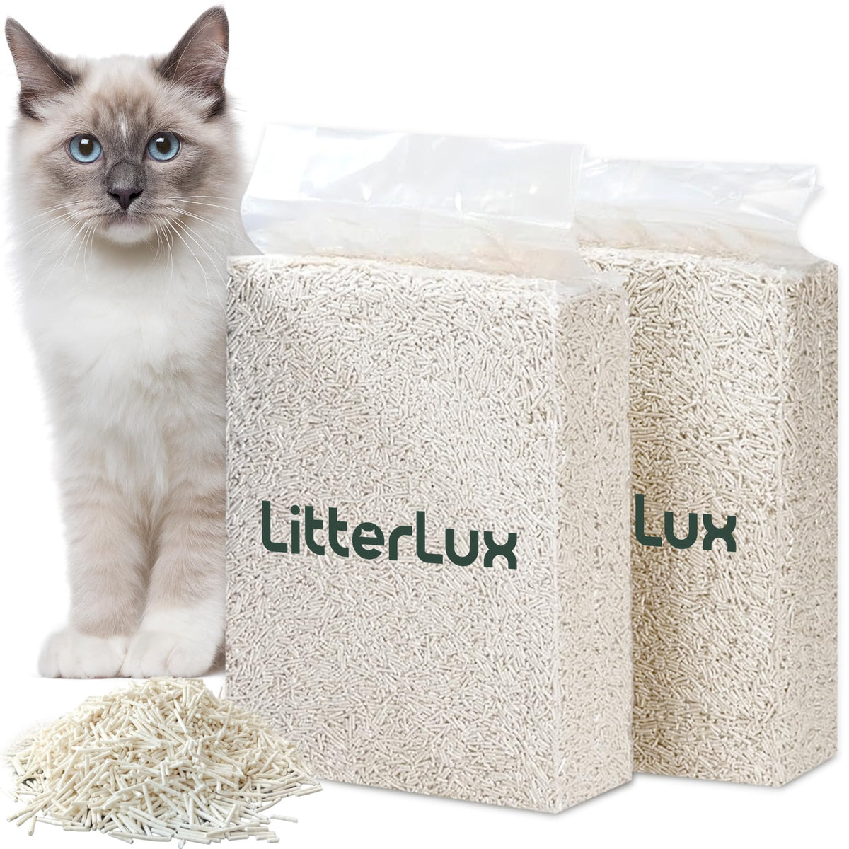 LitterLux Tofu Litter packaging bags showcase eco-friendly twin-pack packaging.