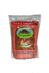 Little Farmer Fish & Shrimp treat packaging shown as premium poultry snack for protein.