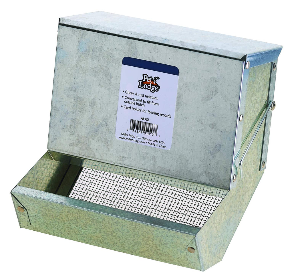 Little Giant Pet Lodge feeder with lid and sifter bottom helps keep feed clean and accessible for rabbits.