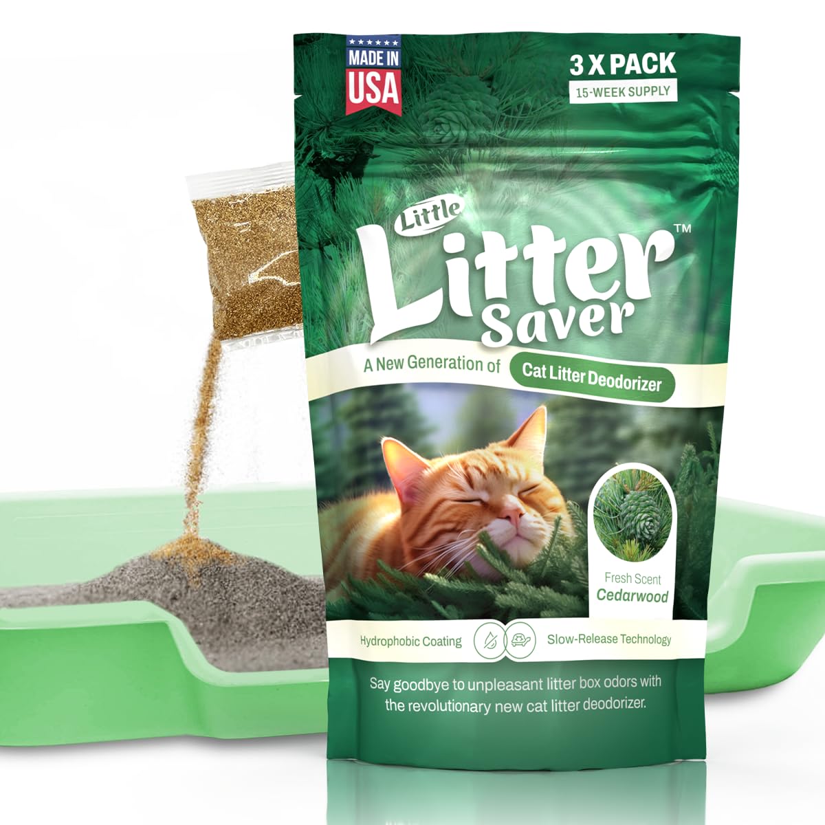 LITTLE SAVER Little Litter Saver cedar packaging shows long-lasting freshness for litter boxes.