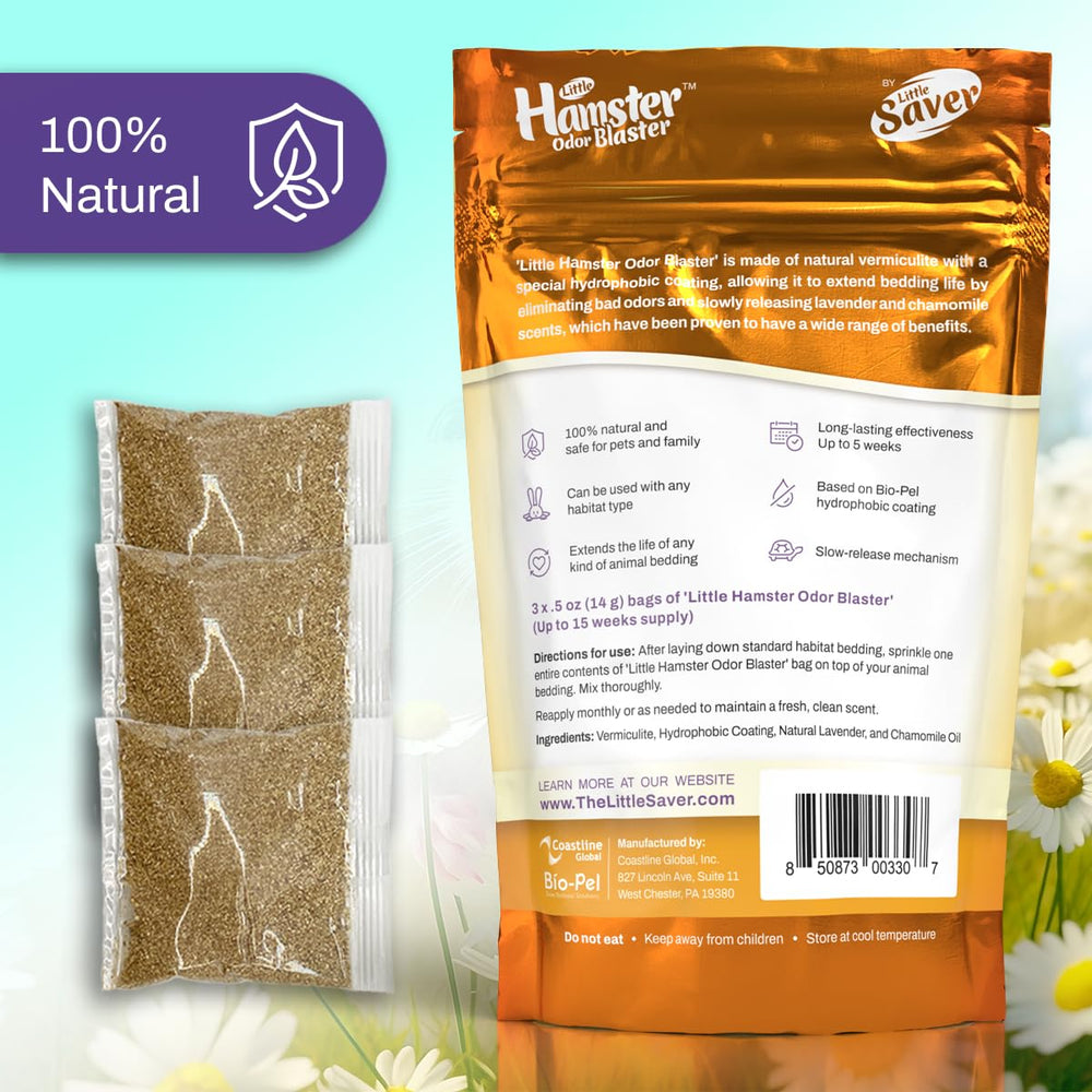 LITTLE SAVER Hamster Odor Blaster closeup highlights slow-release action for ongoing freshness.