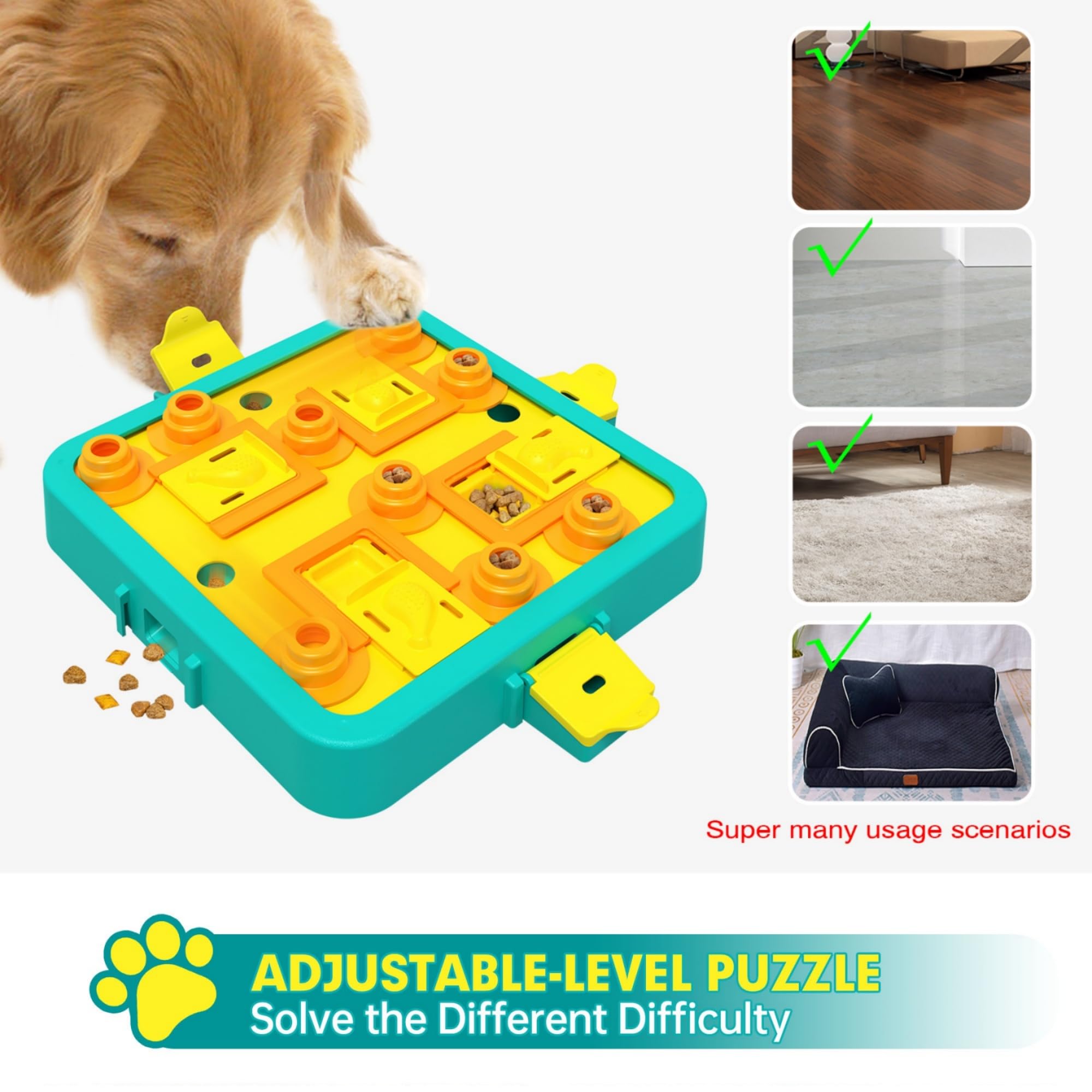LiuMelinda dog puzzle advanced blue board in action with dog reaching treats