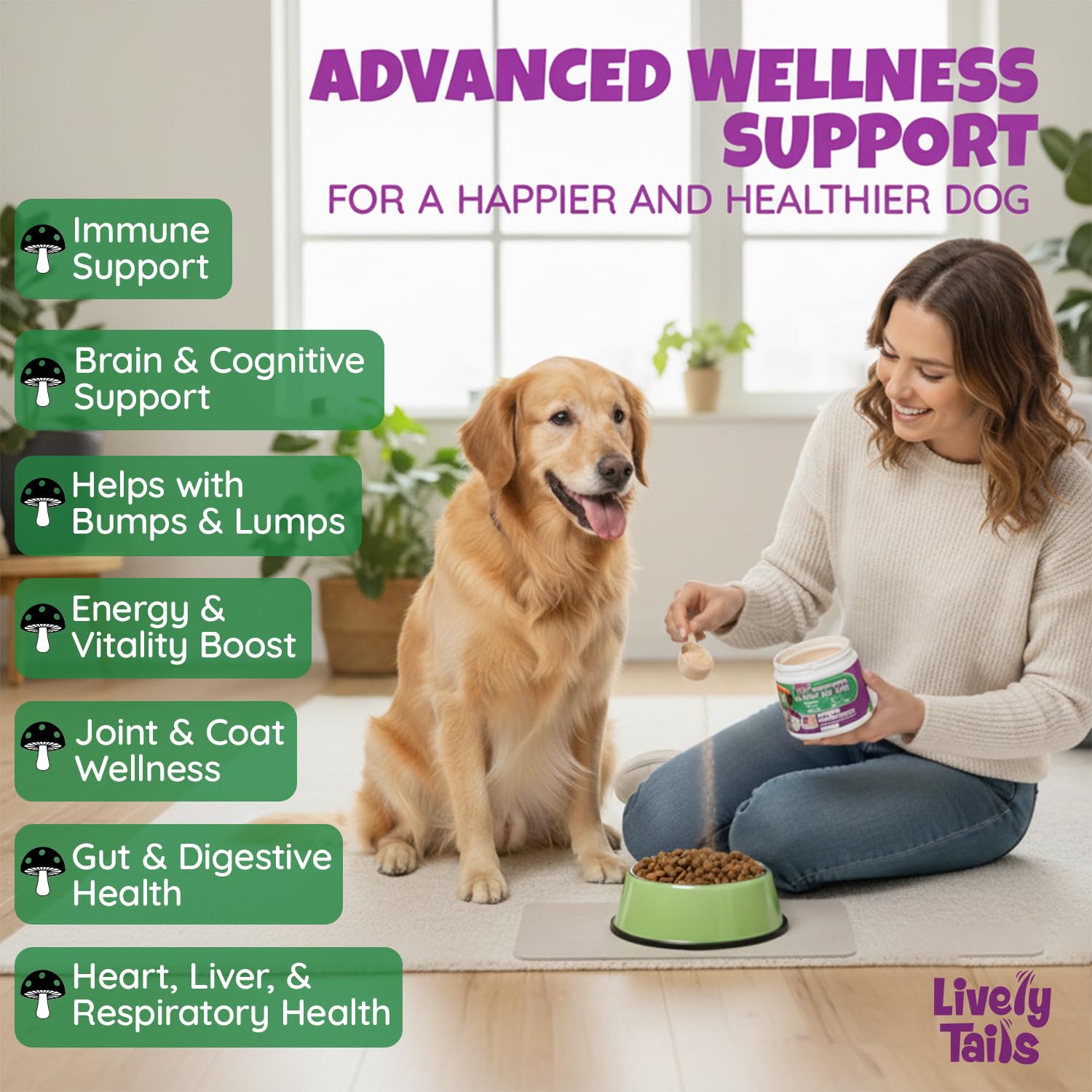 Lively Tails cordyceps and lion’s mane mushroom powder supports canine cognitive focus.