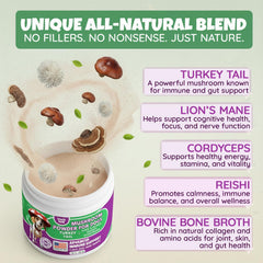 Lively Tails lions mane mushroom powder promotes calm, alertness in dogs.