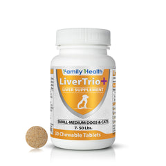 LiverTrio+ daily bottle with chewables for small dogs, supporting liver health.