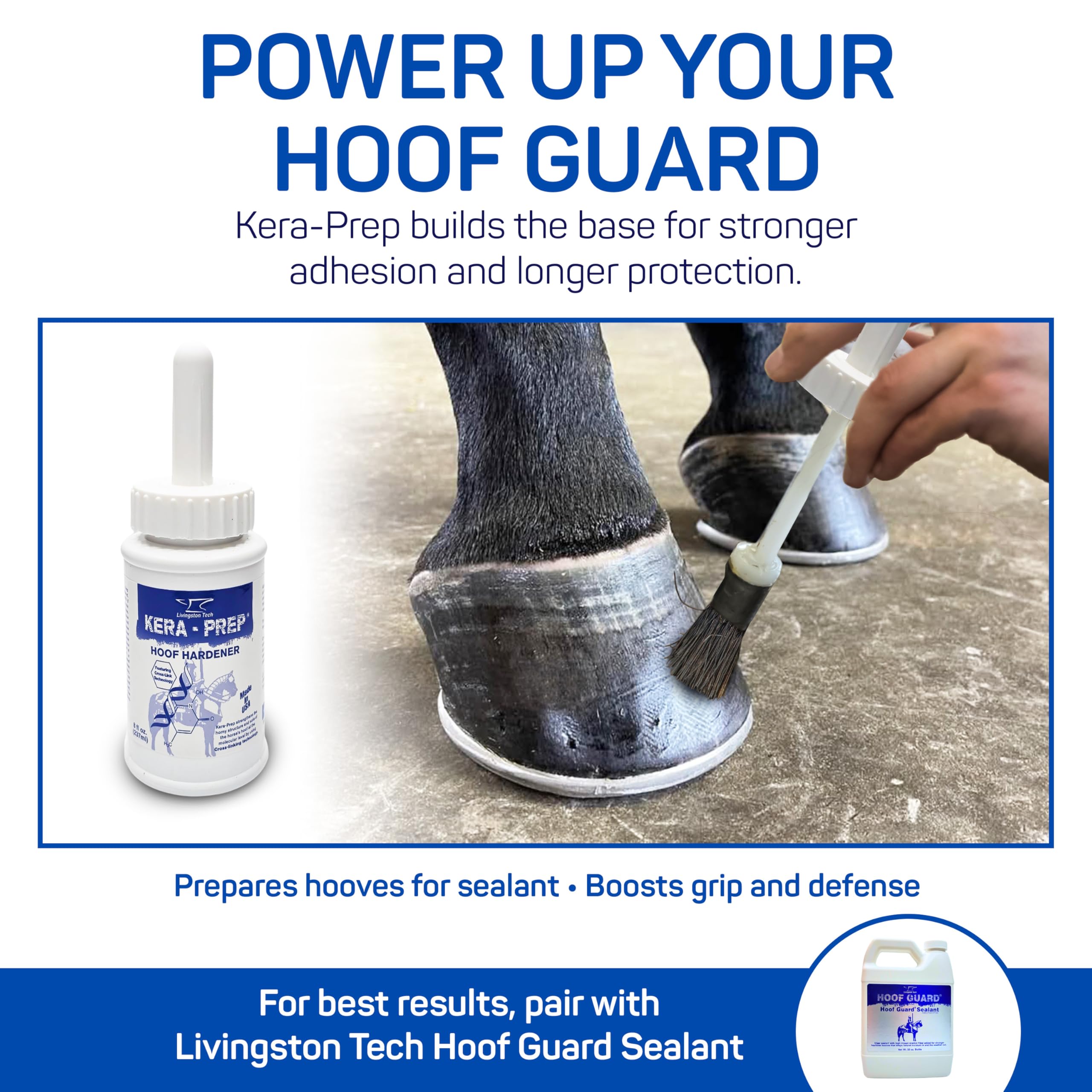 LivingstonTech Kera Prep Hoof Hardener shown in a wet-stable environment protecting hooves.
