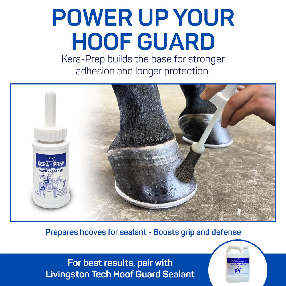 LivingstonTech Kera Prep Hoof Hardener shown in a wet-stable environment protecting hooves.
