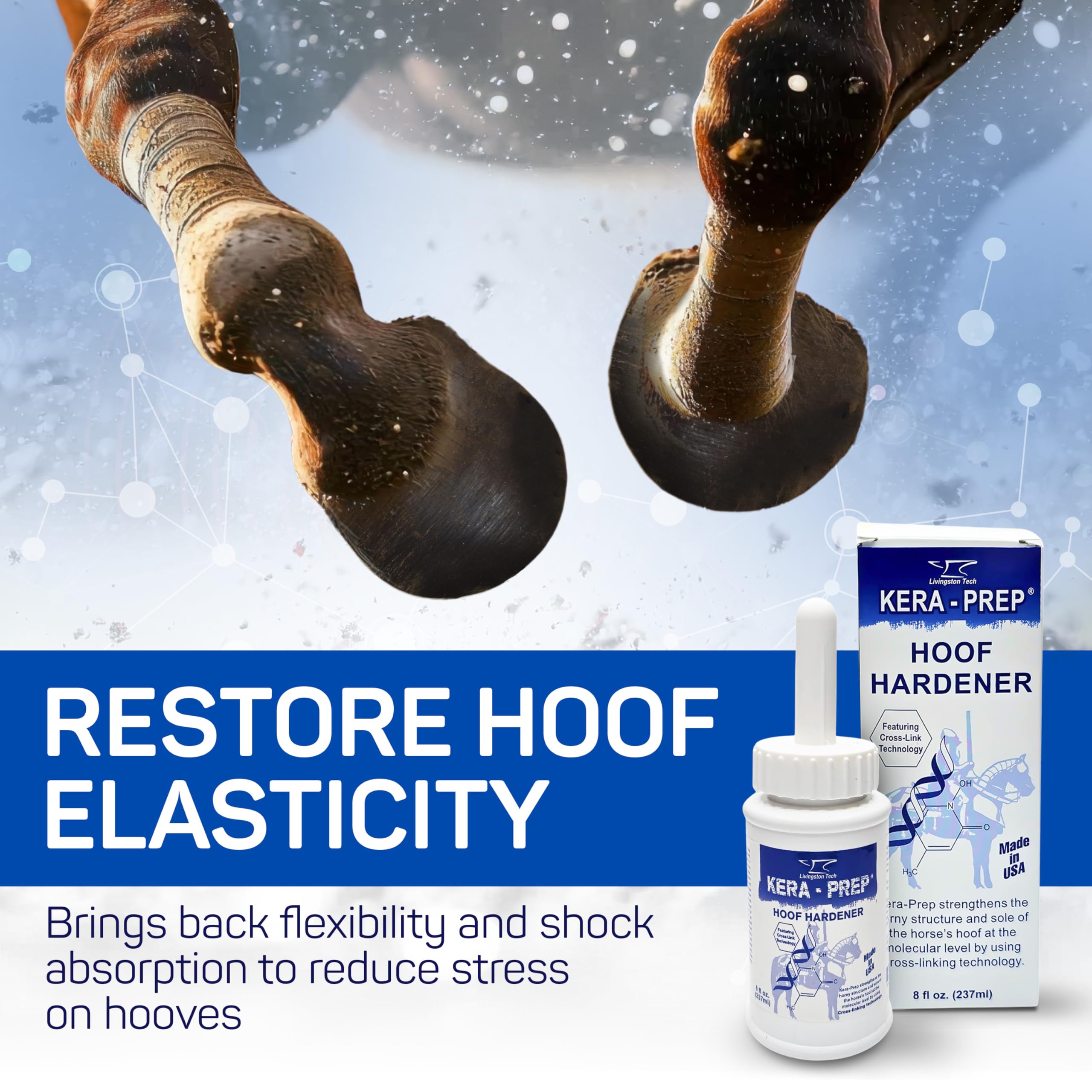 LivingstonTech Kera Prep Hoof Hardener helps restore elasticity for improved shock absorption.