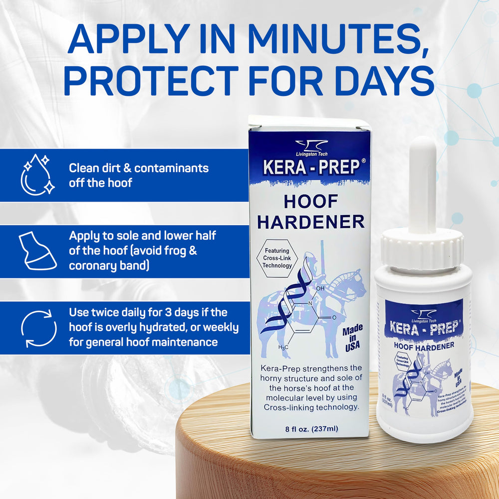 LivingstonTech Kera Prep Hoof Hardener fits into a simple daily or weekly hoof care routine.
