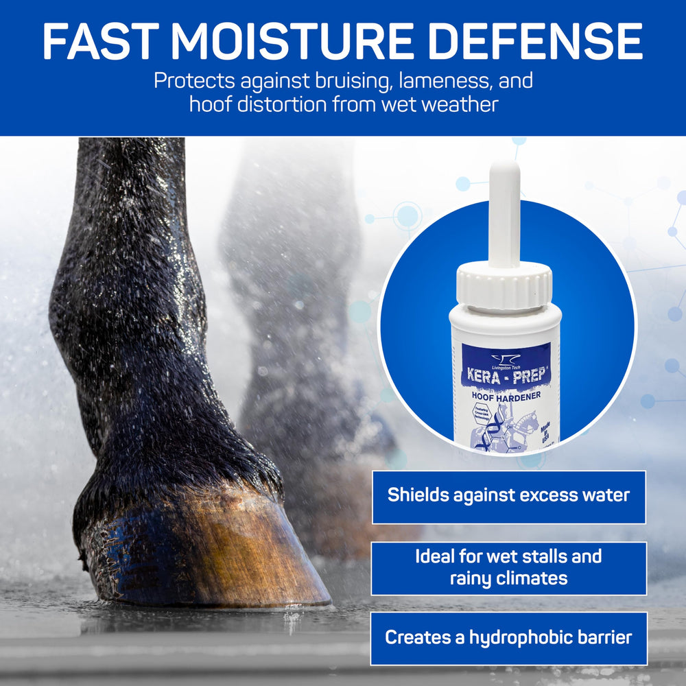 LivingstonTech Kera Prep Hoof Hardener forming a moisture-repelling barrier for wet conditions.