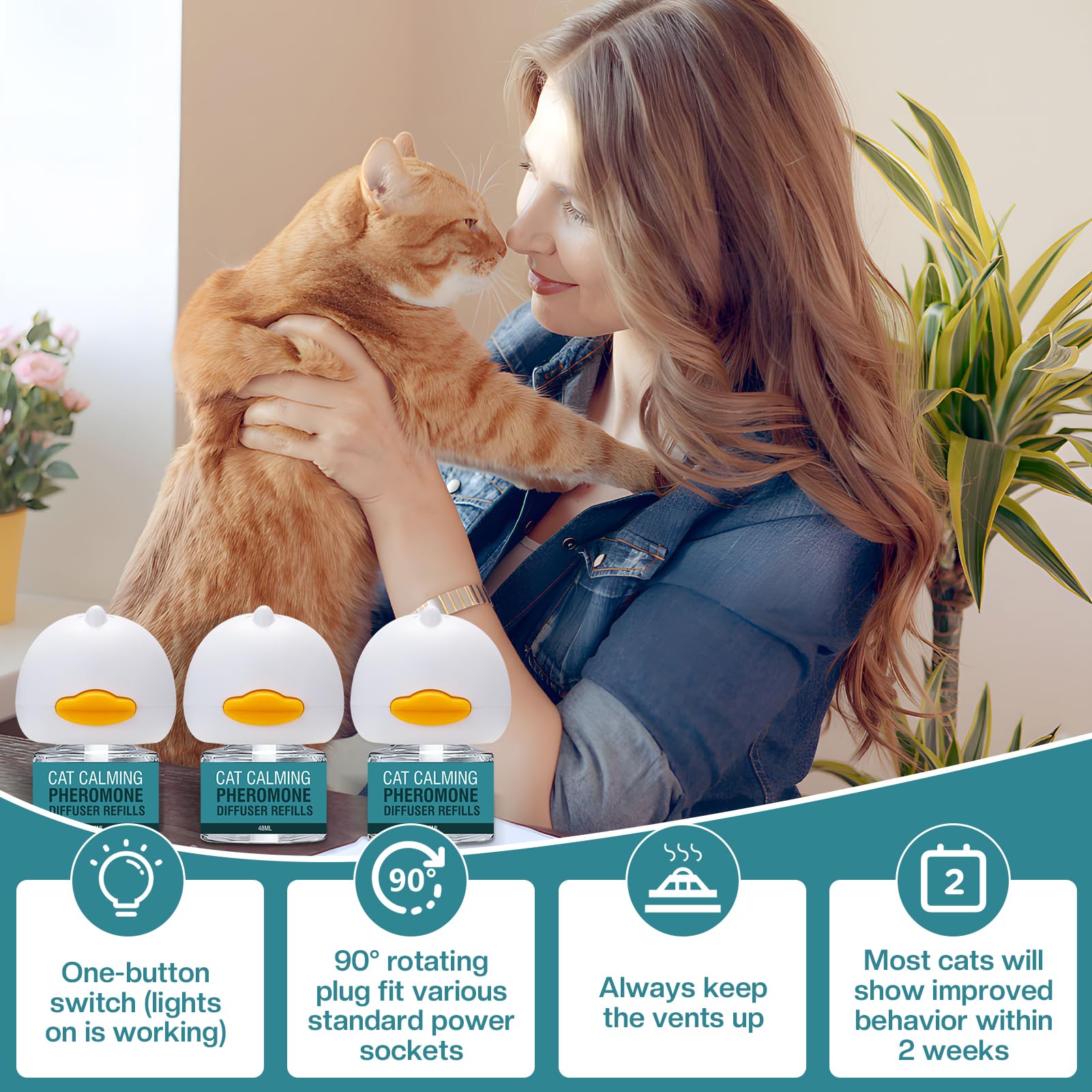LIWENQI cat calming diffuser packaging shows 3 refills and 3 heads for long-term calm.