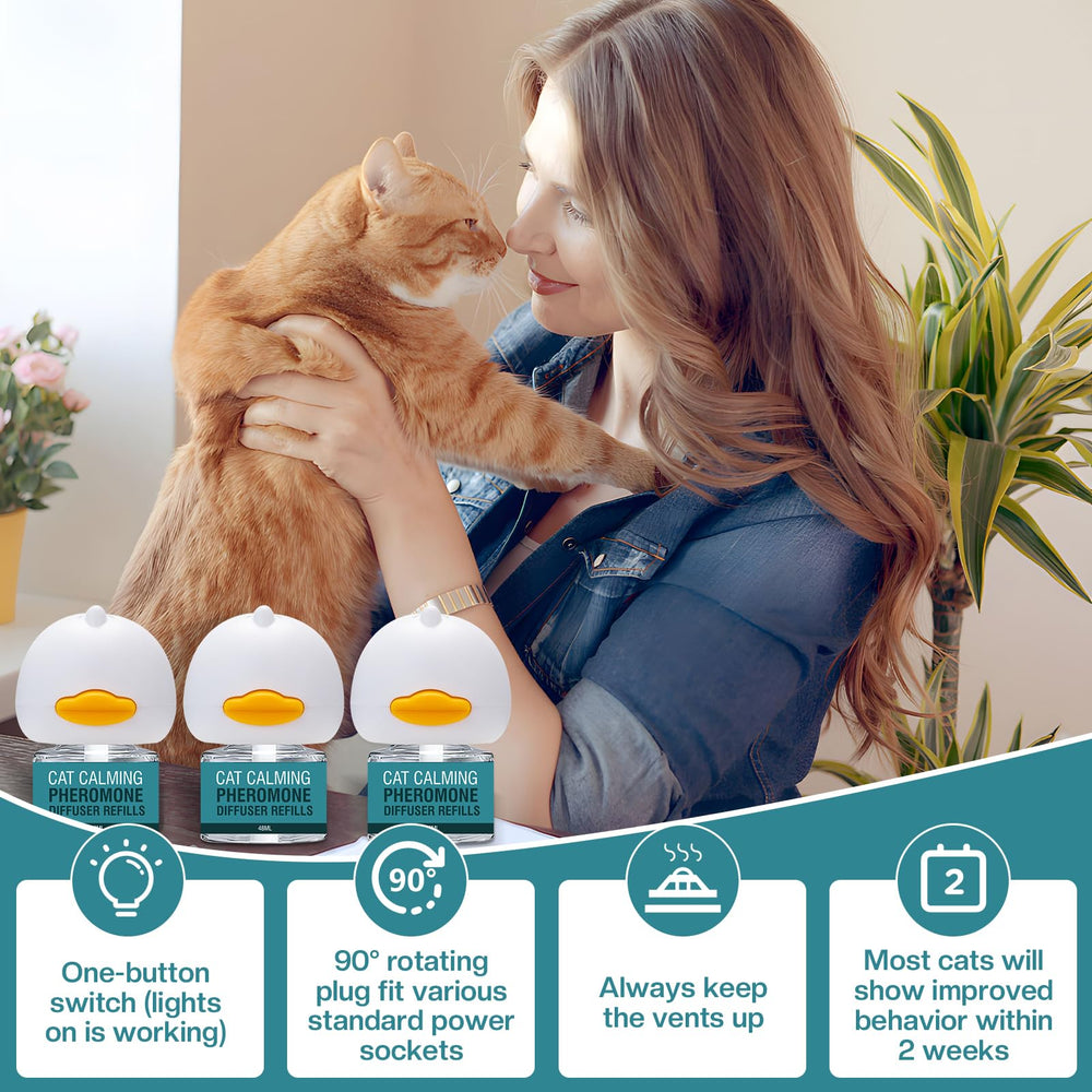 LIWENQI cat calming diffuser packaging shows 3 refills and 3 heads for long-term calm.
