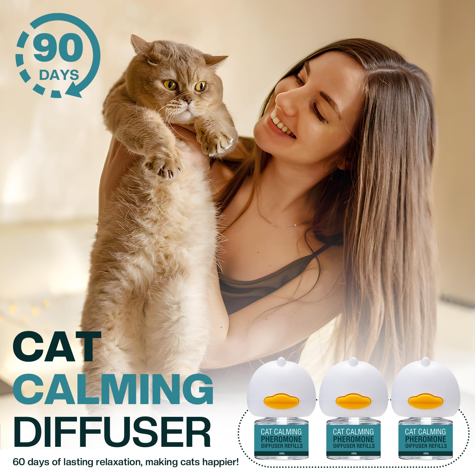 LIWENQI cat calming diffuser refill 48ml supports up to 90 days of continuous use.