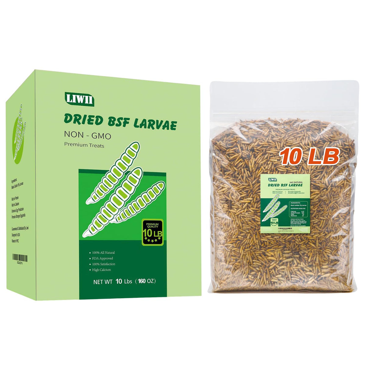 LIWII BSF larvae 10lb bulk pack shows high-protein dried content for healthier laying hens.