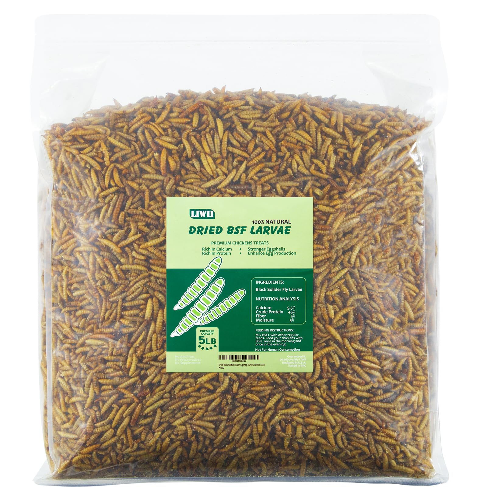 LIWII dried BSF larvae 5lb bulk pack provides affordable poultry protein for healthy flocks.