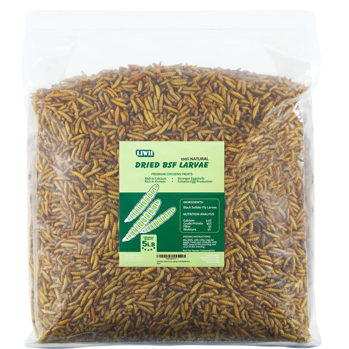 LIWII dried BSF larvae 5lb bulk pack provides affordable poultry protein for healthy flocks.