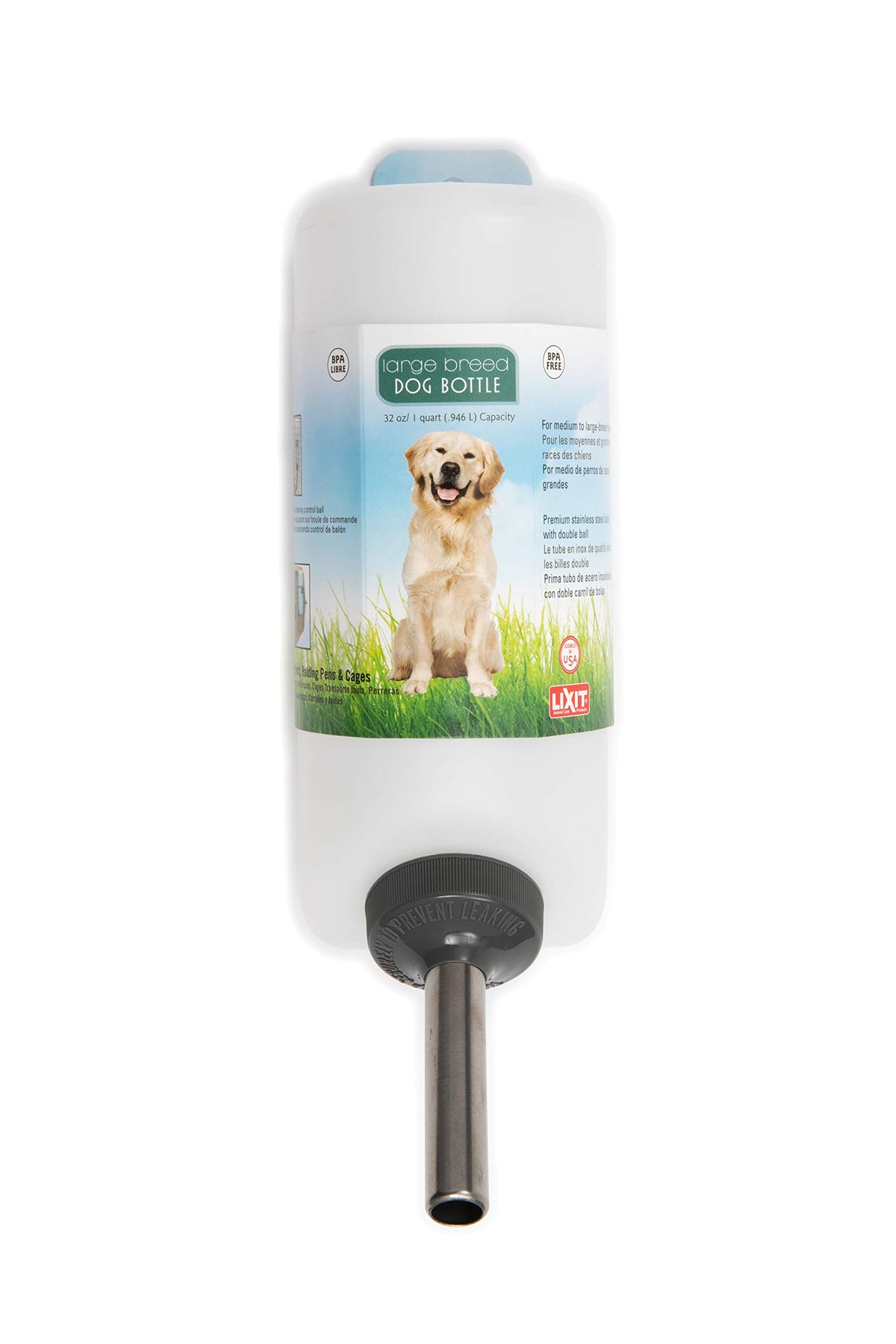 Lixit wide-mouth bottle 32oz on crate provides easy access for steady dog hydration.
