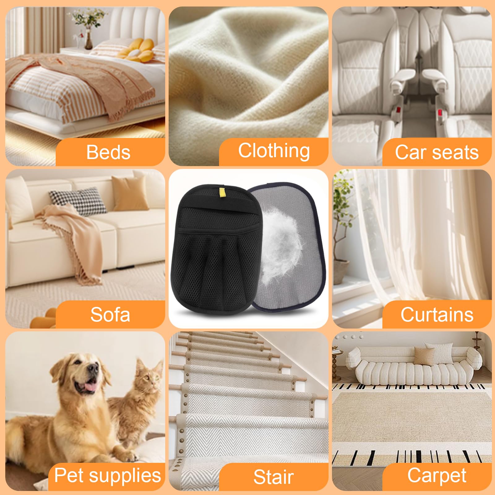 Lktvys Pet Hair Removal Glove usage shows 1 glove equals 10 rollers in efficiency.