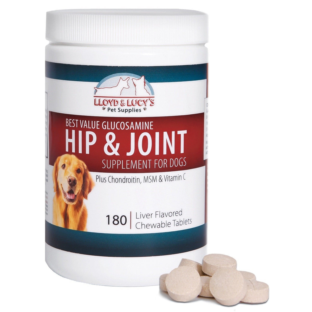 Lloyd & Lucy's hip and joint supplement bottle front with liver-flavored chews for dogs.