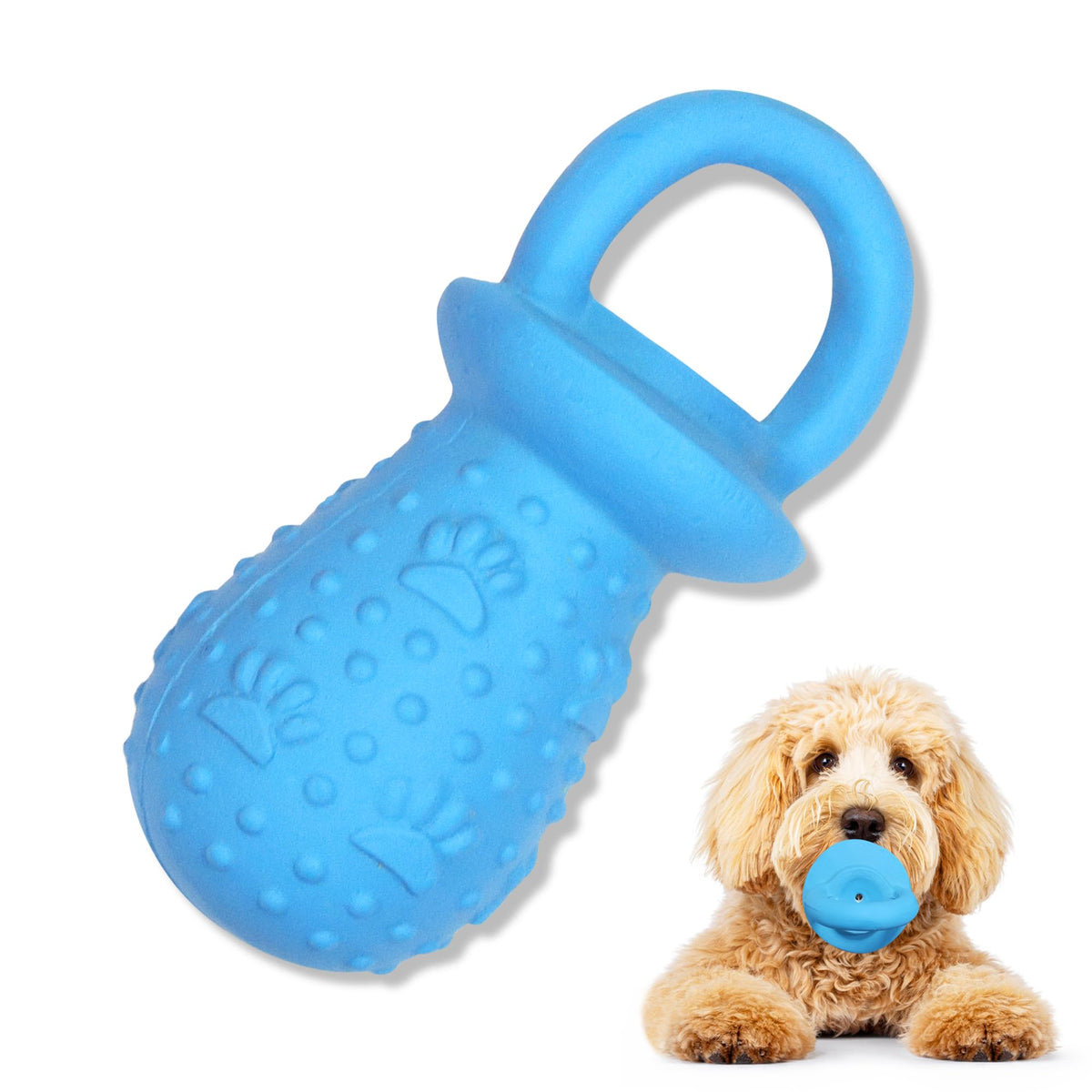 LLSPET Latex Chew Dog Toy pacifier blue with palm-sized grip for teething relief.