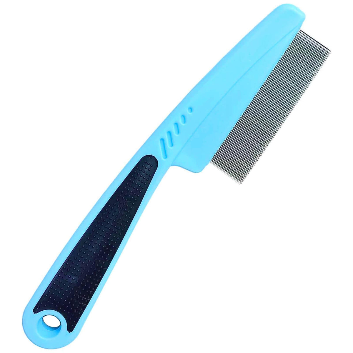LLTGMV flea comb with rubber handle close-up showing comfortable grip for extended grooming sessions.