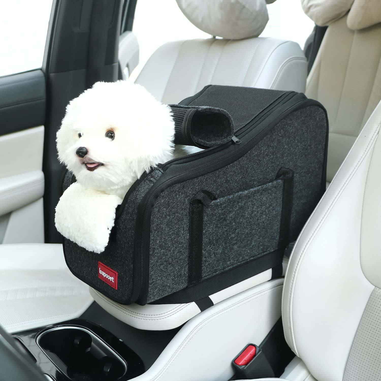 Loapooet center-console dog car seat side view showing secure installation for small pets