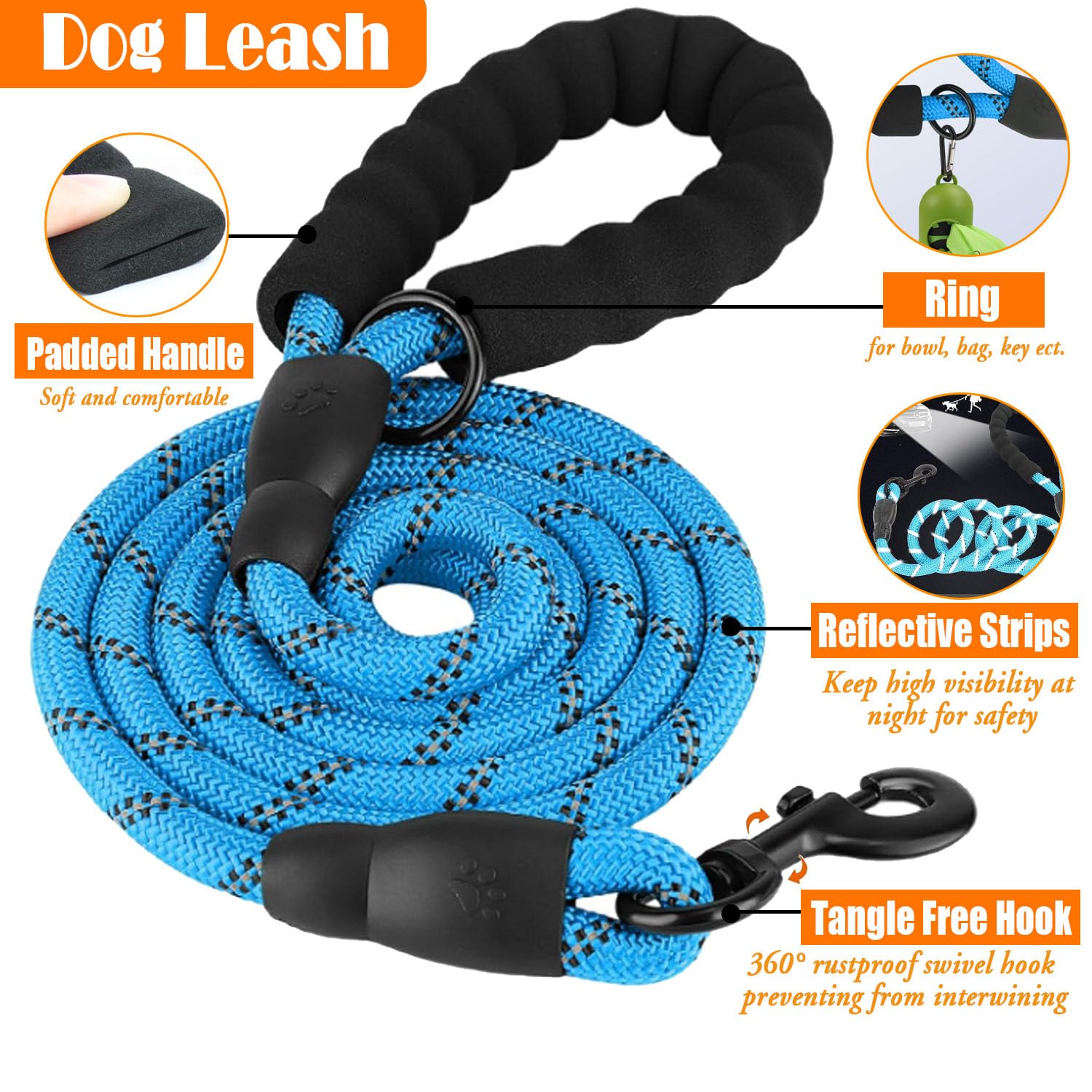 Lobeve blue leash with sturdy clip for secure daily walks.