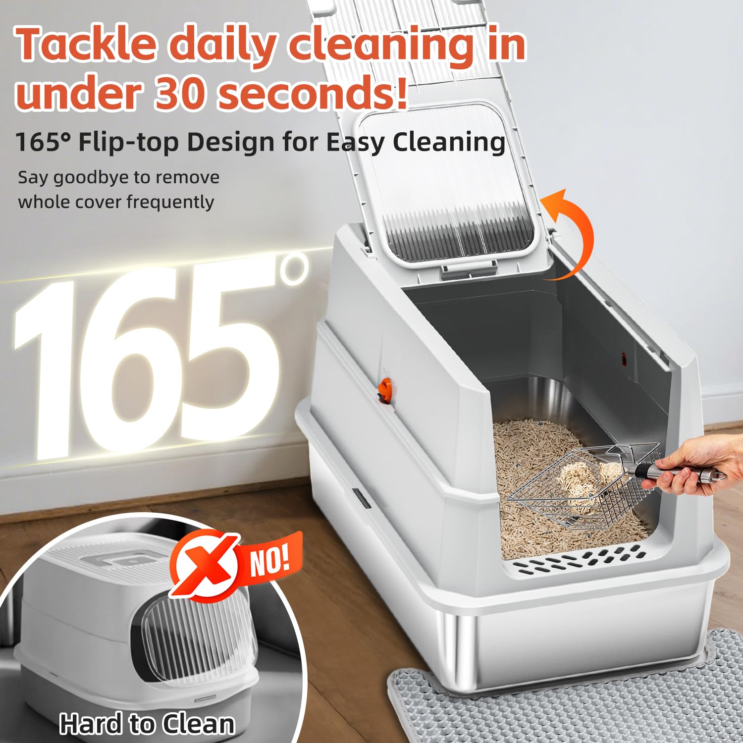 Lobeve litter box with 165° flip-top; quick scooping reduces mess.