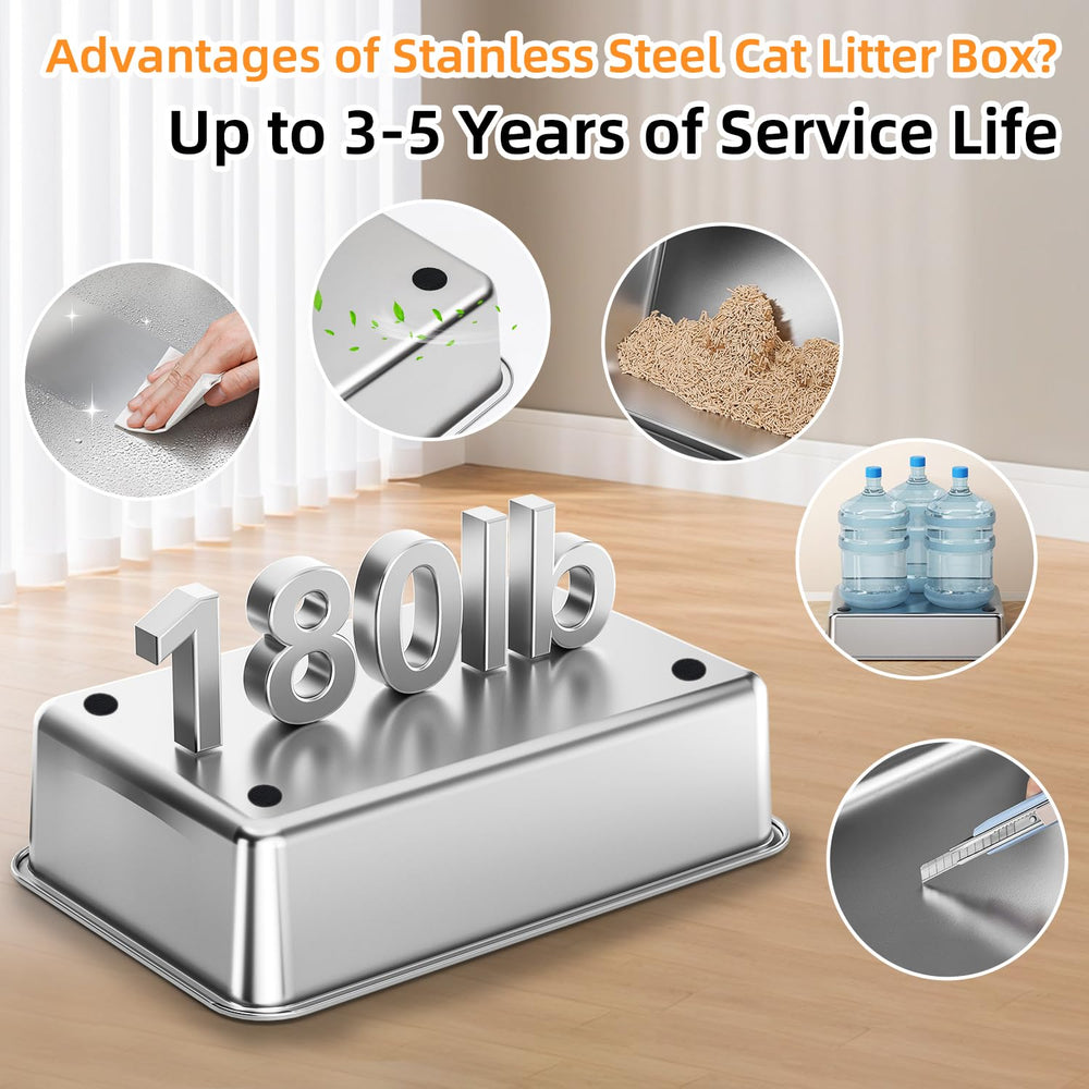 Lobeve hooks for storage beside the stainless steel litter box.