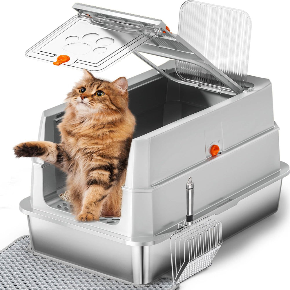 Lobeve stainless steel litter box with lid; durable and easy to clean.