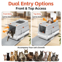 Lobeve hooded setup; private litter box reduces scatter and odors.