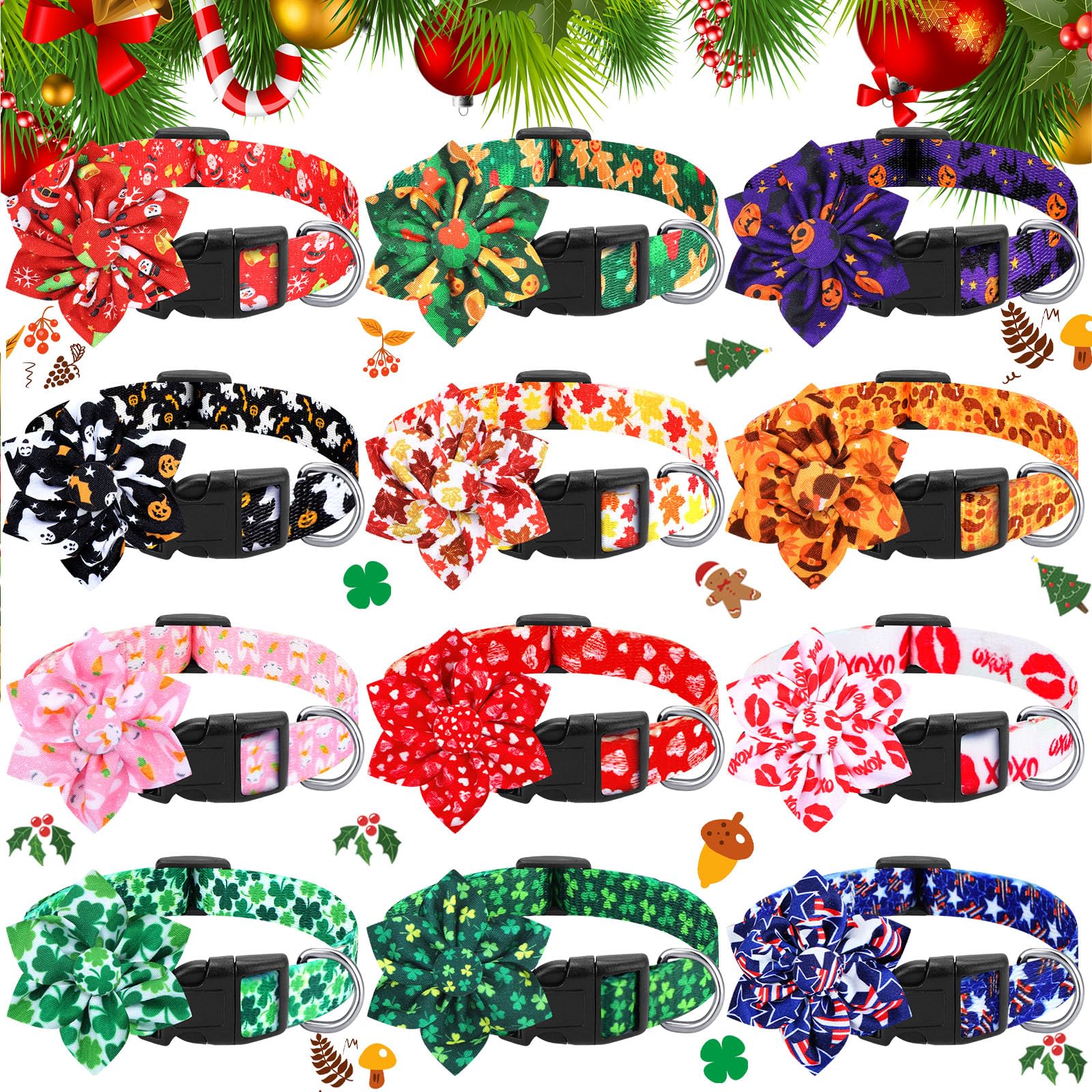 Locmeo holiday dog collars show festive flower patterns for celebrations.