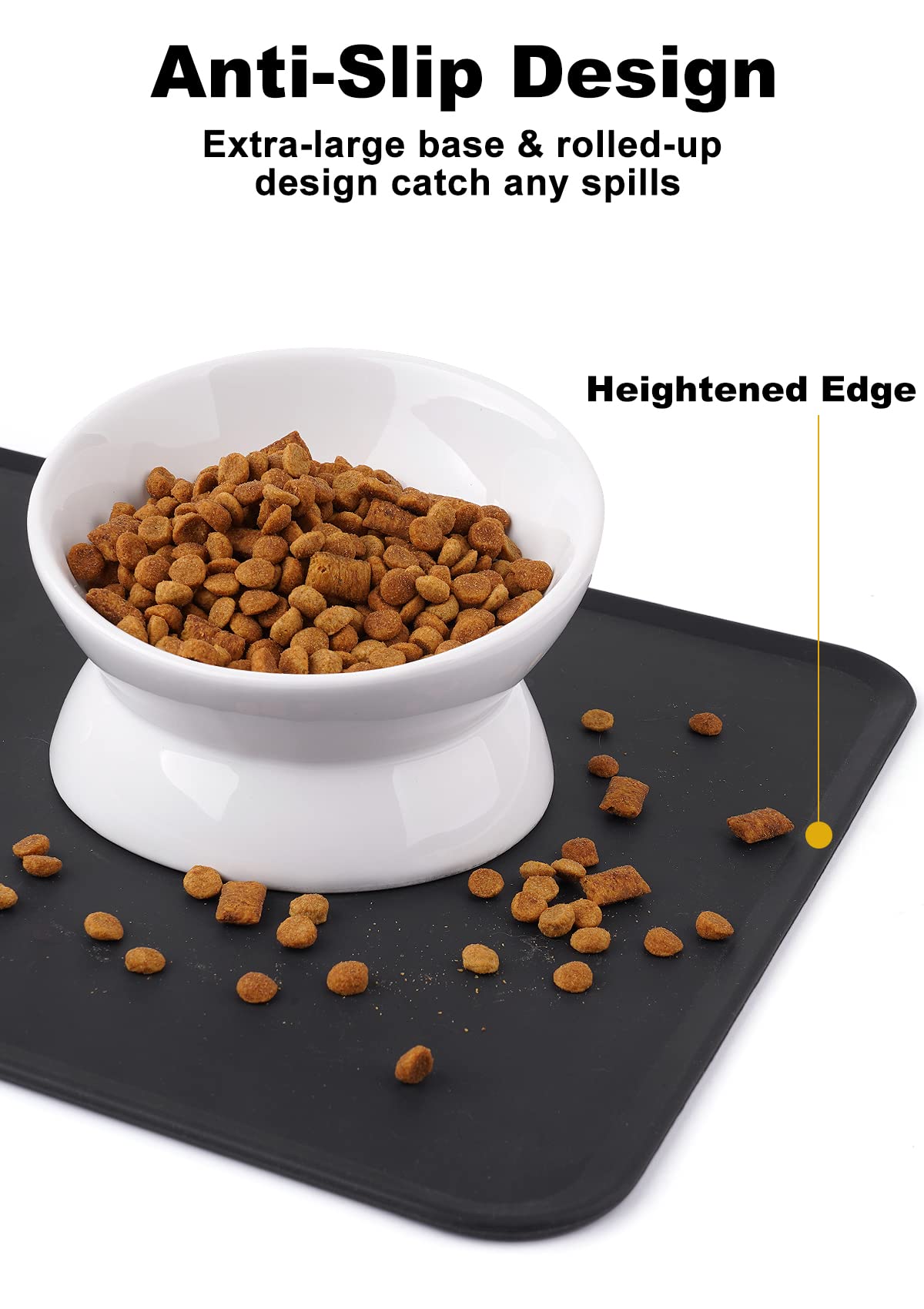 LoeJan white and grey bowl on table emphasizes shallow design to protect whiskers