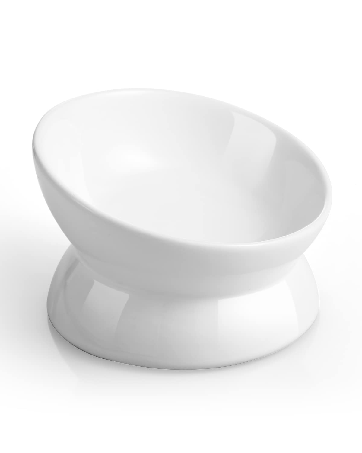 LoeJan elevated cat food bowl white side view reduces neck strain for comfortable meals.