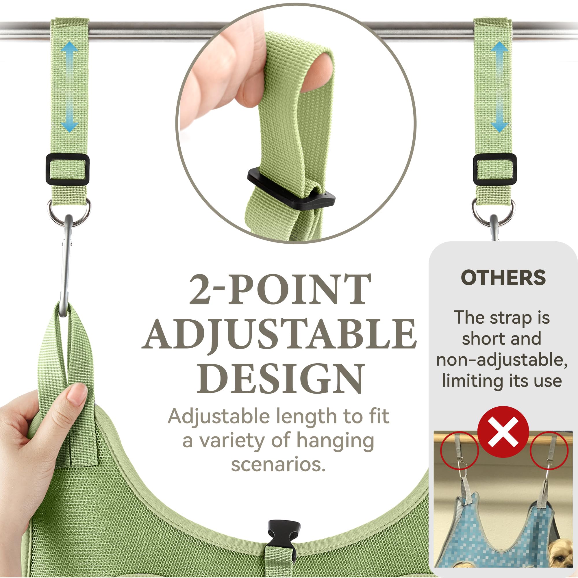 Loesuona dog grooming hammock five-sizes option covers dogs under 80 pounds.