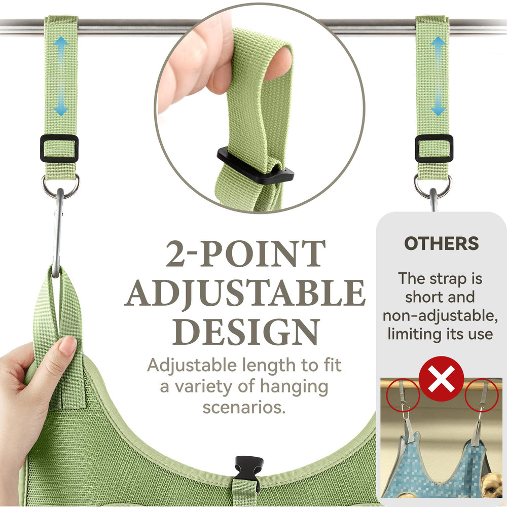 Loesuona dog grooming hammock five-sizes option covers dogs under 80 pounds.