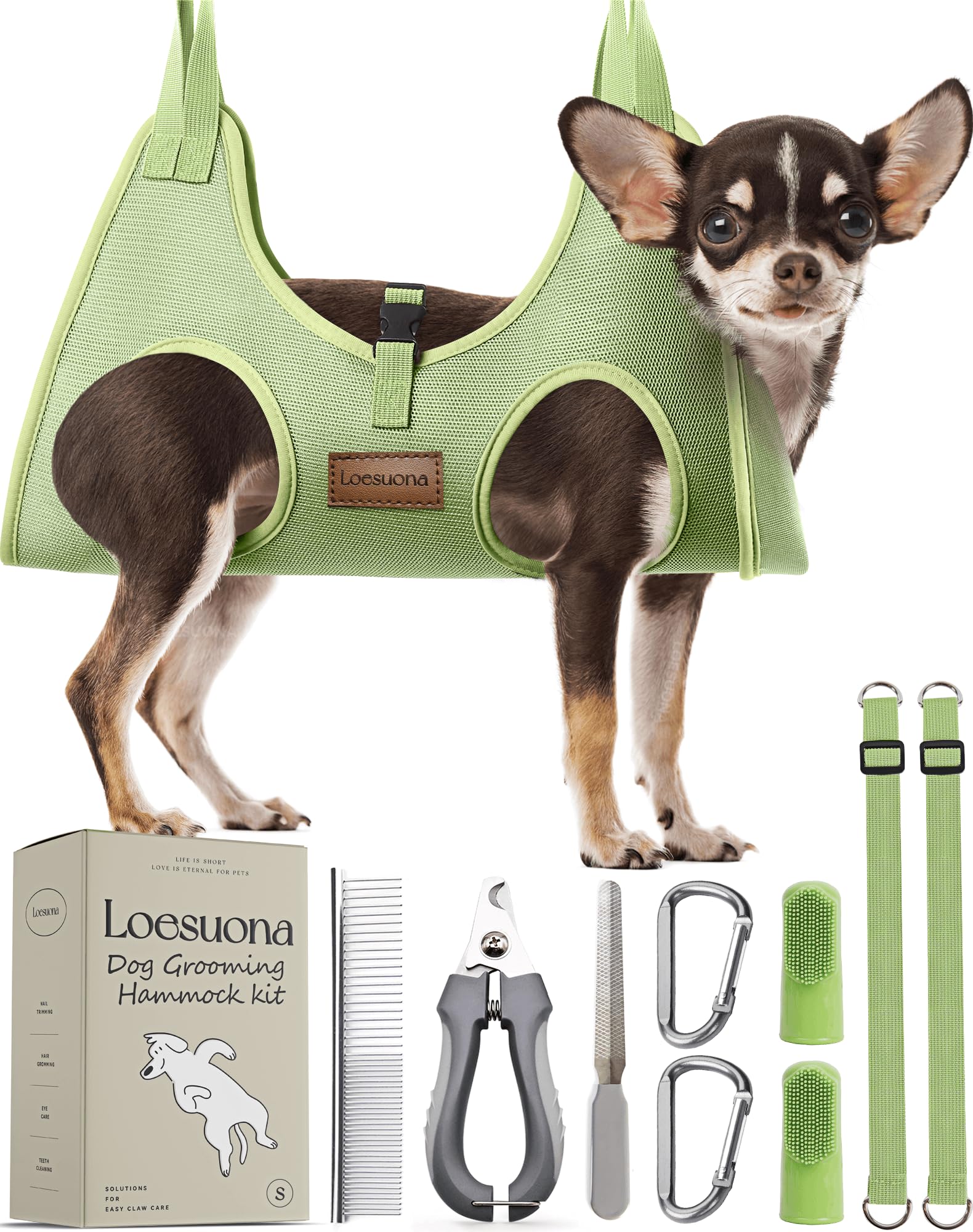 Loesuona dog grooming hammock home-use setup enables easy at-home nail trimming.