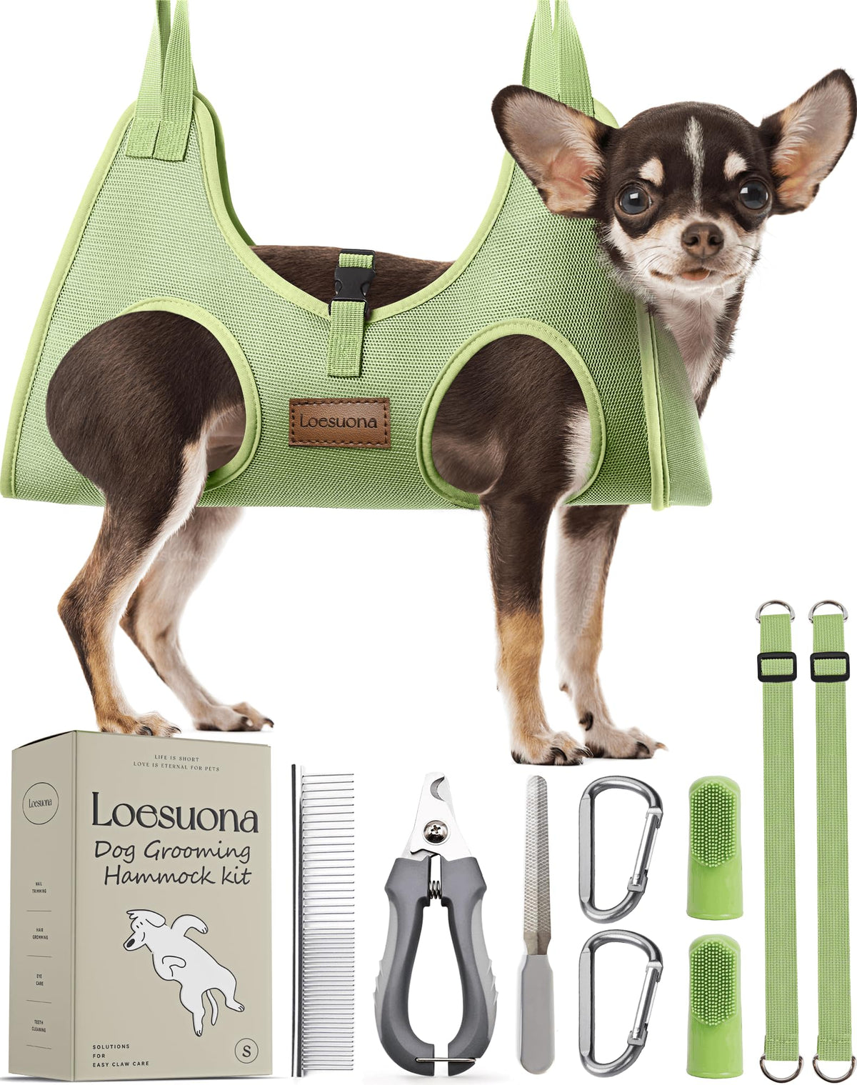 Loesuona dog grooming hammock home-use setup enables easy at-home nail trimming.