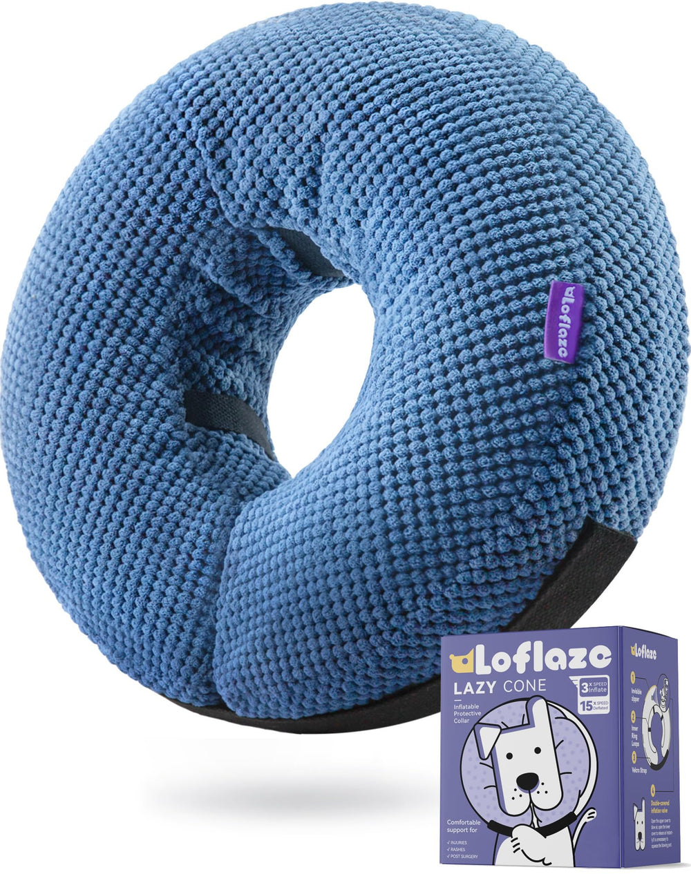Loflaze inflatable dog cone collar blue XL front view shows comfortable post-surgery wear