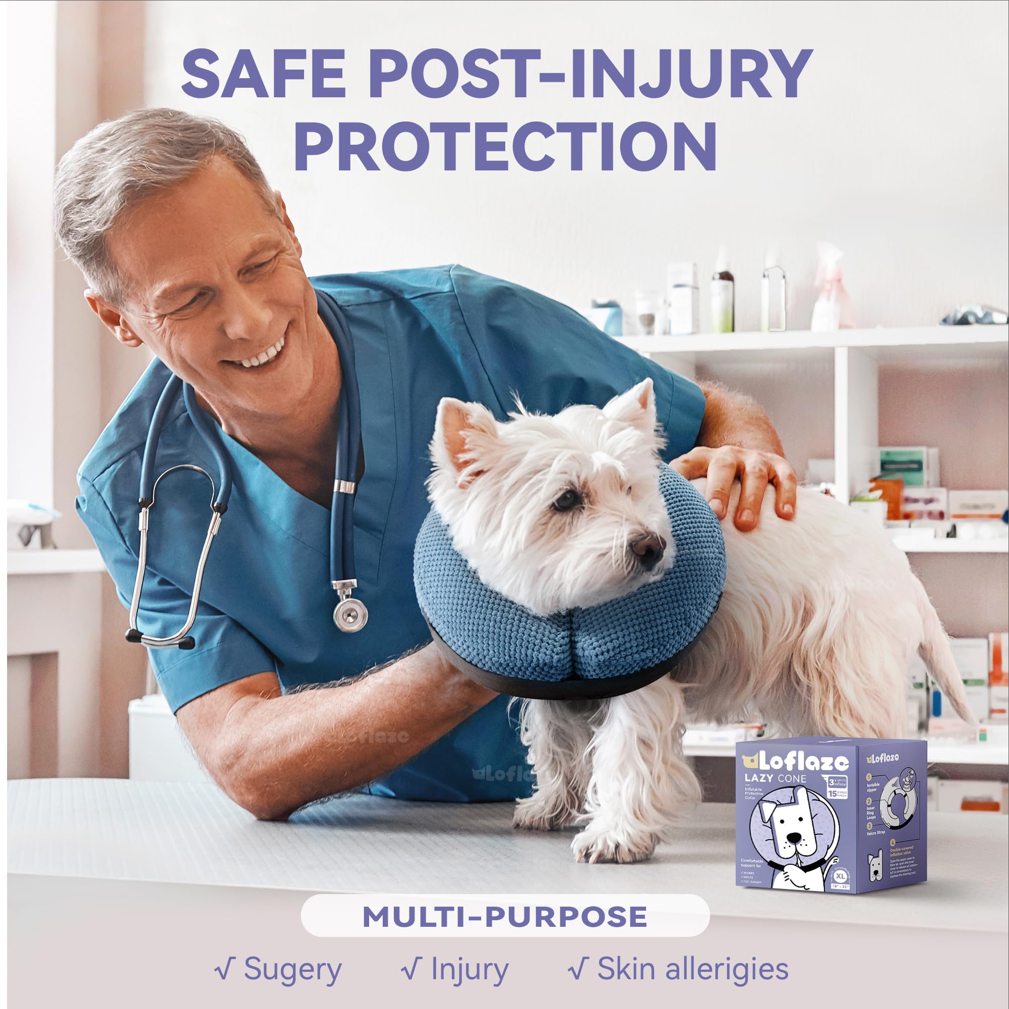 Loflaze inflatable dog cone collar blue XL worn on a dog during recovery for eating