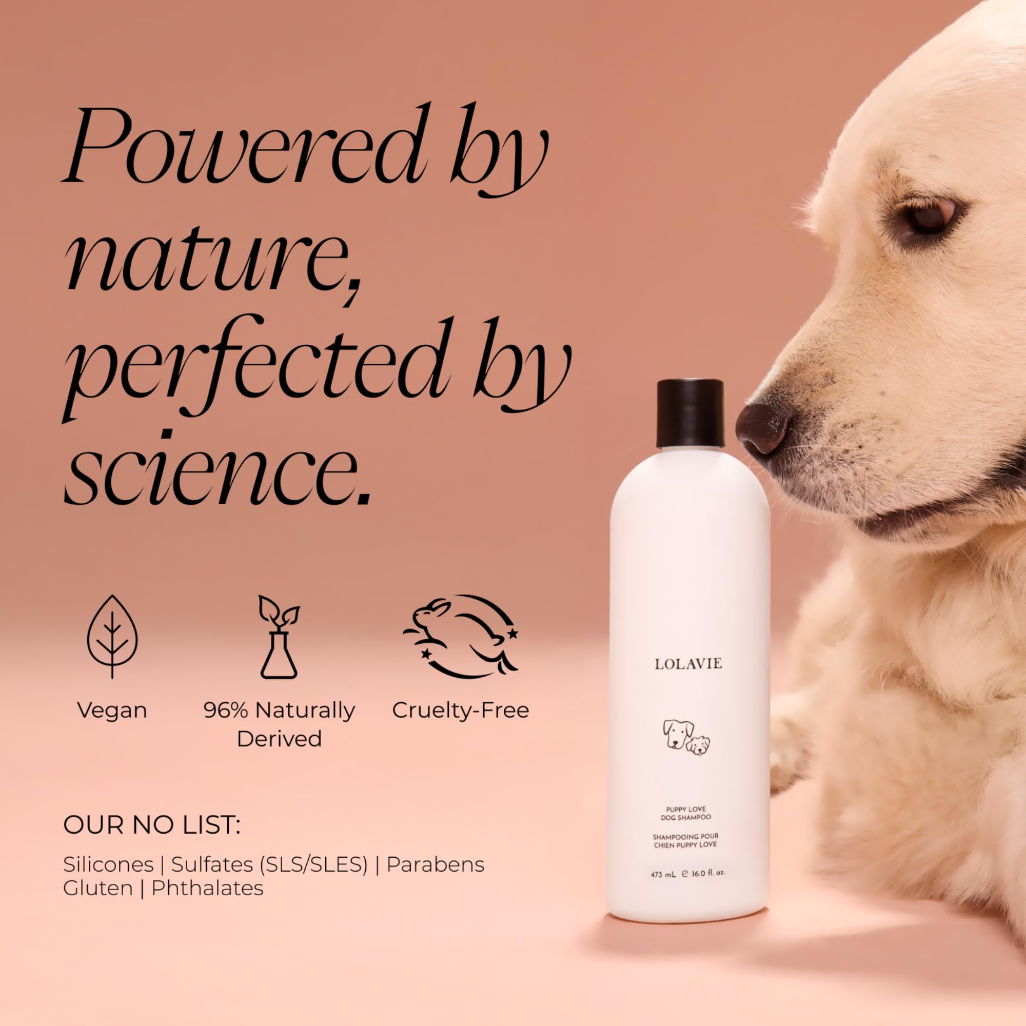 LolaVie Puppy Love bottle demonstrates odor-control technology for fresher fur