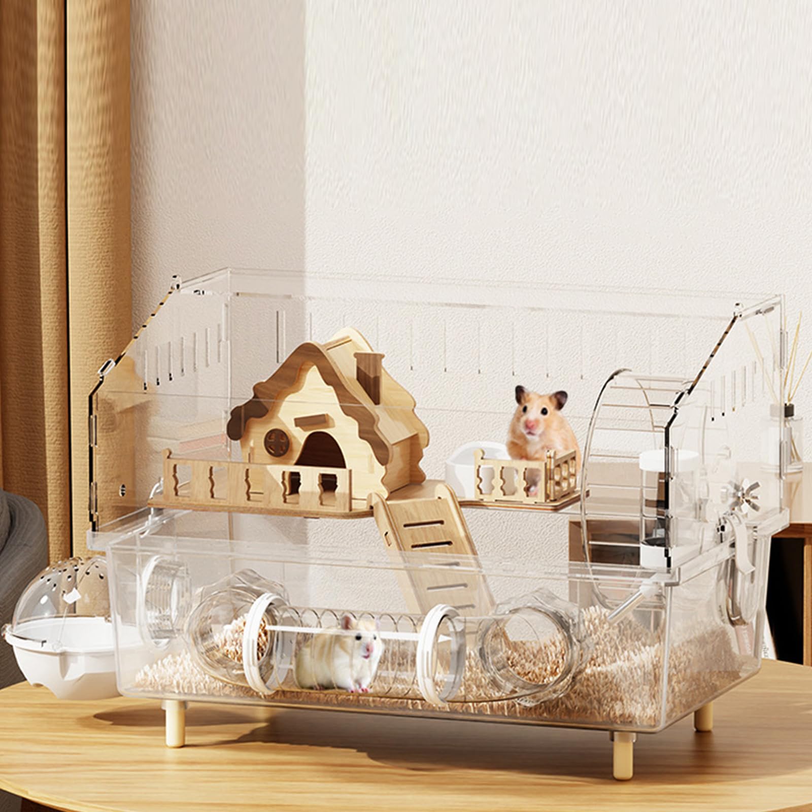 LOLLBIRD hamster cage multi-level front view, crystal-clear acrylic for easy supervision.