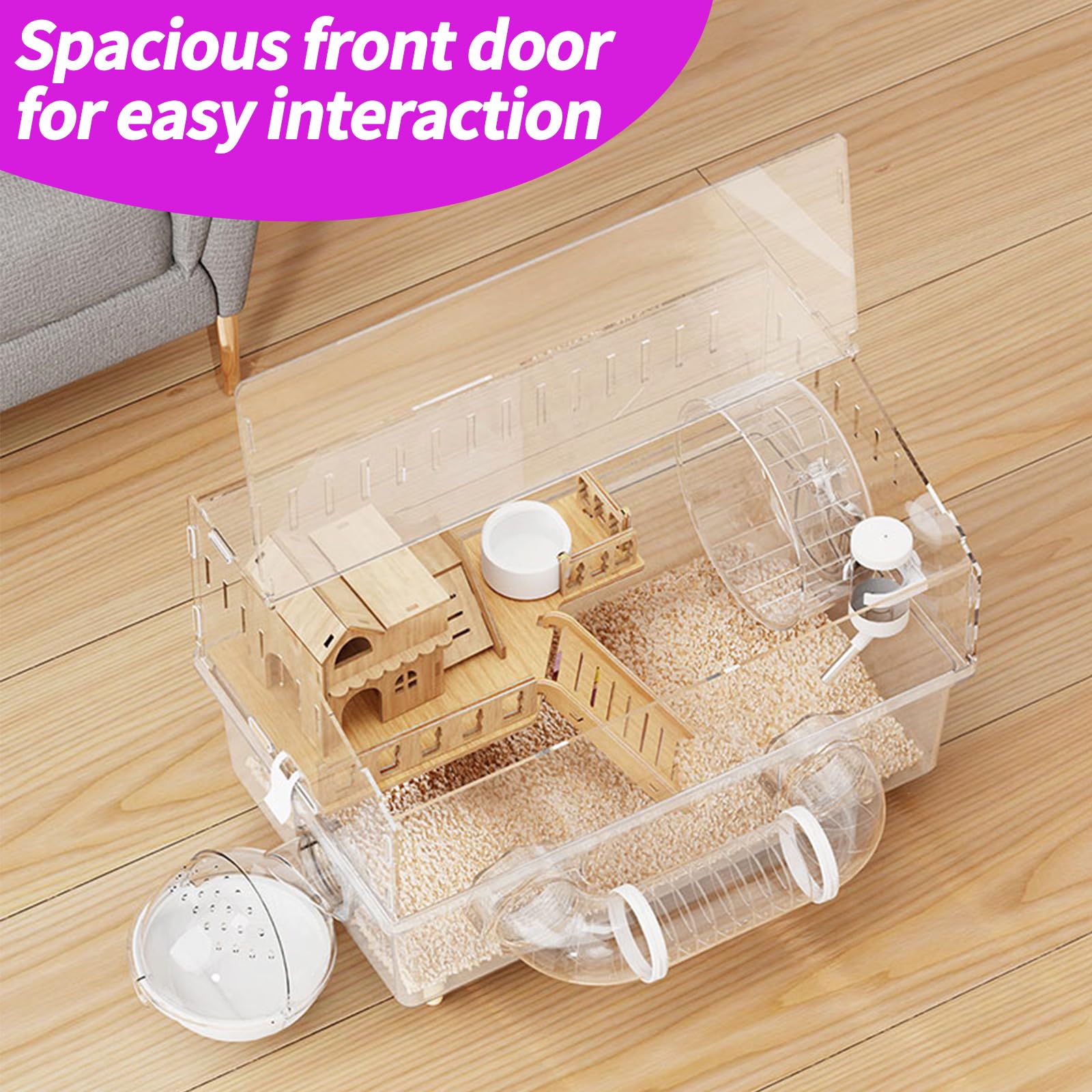 LOLLBIRD hamster cage transparent walls inside view showing playtime.