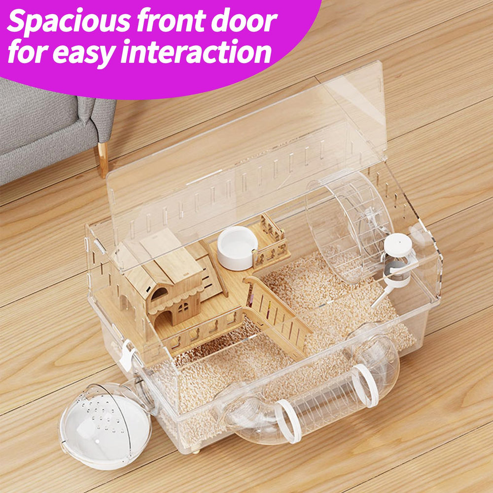 LOLLBIRD hamster cage transparent walls inside view showing playtime.
