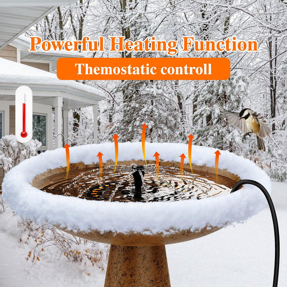 lollyes Bird Bath Heater fountain pump creating gentle winter water splashes for birds.